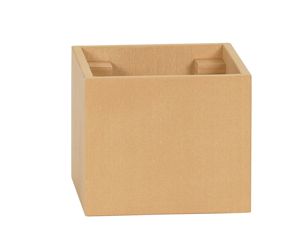 A plain, light-brown, square wooden box with an open top and smooth surfaces. Made from upcycled rice hulls, it features two rectangular wooden blocks inside near the top edge. The background is plain white.
