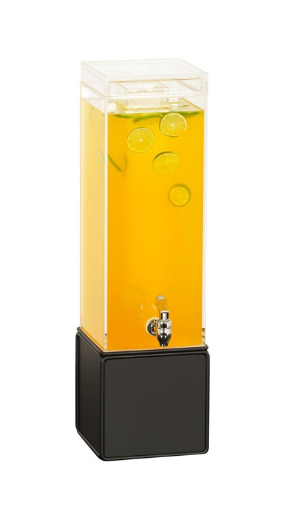 A tall, clear Beverage Ice Dispenser filled with yellow liquid and floating lime slices stands on an onyx black base with a removable spigot for easy dispensing. The background is plain white.