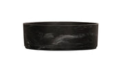 A sleek, round black marble bowl sink basin with subtle white veining. The vessel has smooth sides and a flat base, giving it a modern, minimalist appearance. The plain white background highlights the basin’s dark, elegant surface.