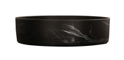 A round, shallow black marble bowl with a matte finish and subtle white marble-like streaks swirling across its resin exterior. The bowl sits on a white background, highlighting its smooth, contemporary design.