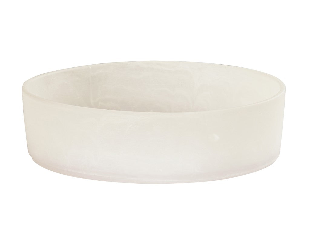 A round, shallow bowl crafted from translucent white resin with a smooth, matte surface. The slightly thick, straight sides and flat base highlight its minimalist and modern design. The background is plain white.