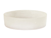 A round, shallow bowl crafted from translucent white resin with a smooth, matte surface. The slightly thick, straight sides and flat base highlight its minimalist and modern design. The background is plain white.