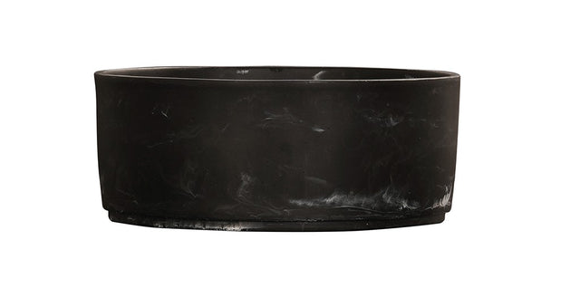 A black marble bowl with straight sides and a flat base, crafted from smooth matte resin featuring subtle white marbling. Its minimalist design gives it a sleek, modern appearance against the white background.
