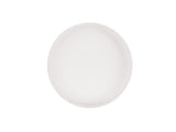A plain, round, white ceramic plate is centered on a white background. The plate has a smooth surface that resembles white marble and features no visible patterns or decorations.