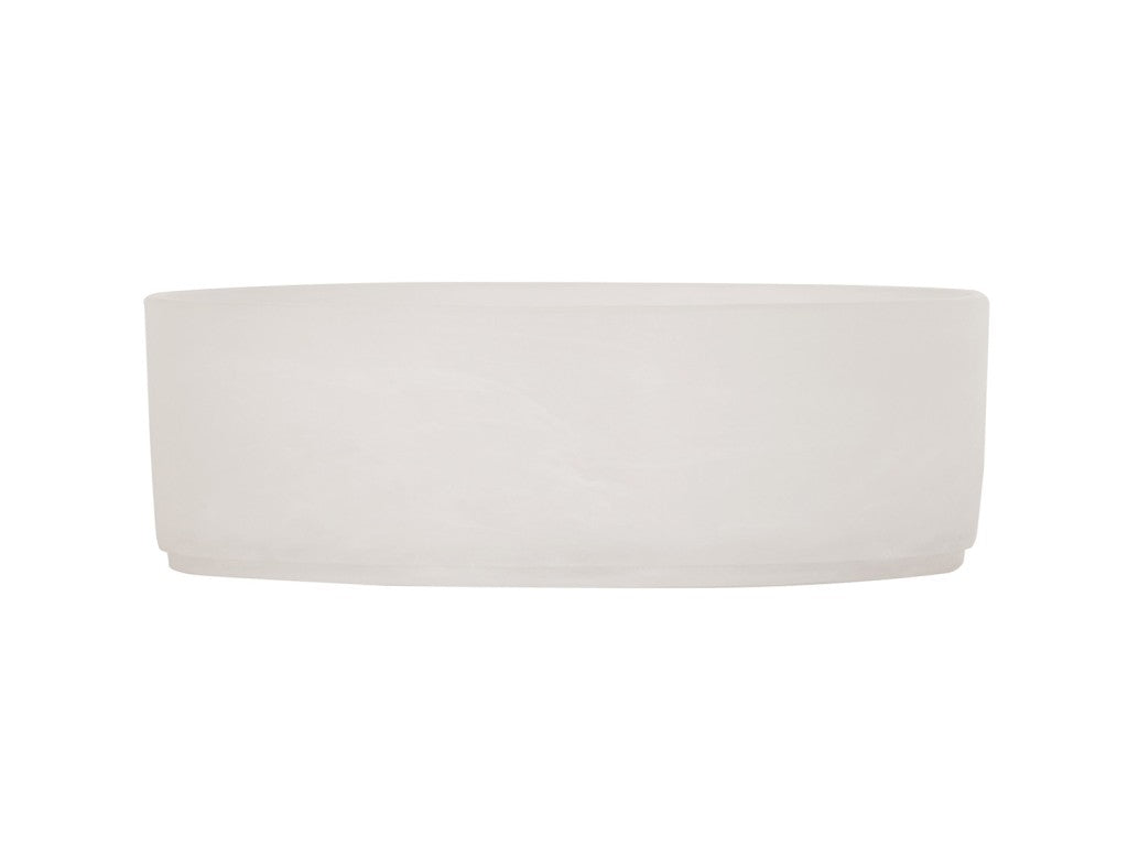 A wide, shallow, cylindrical bowl crafted from white marble resin with a smooth matte finish. Its minimalistic design and lack of embellishments give it a modern, clean appearance. Displayed against a plain white background.