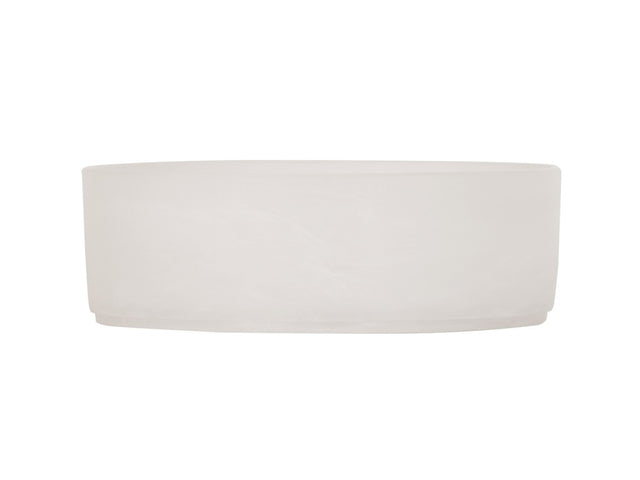 A wide, shallow, cylindrical bowl crafted from white marble resin with a smooth matte finish. Its minimalistic design and lack of embellishments give it a modern, clean appearance. Displayed against a plain white background.