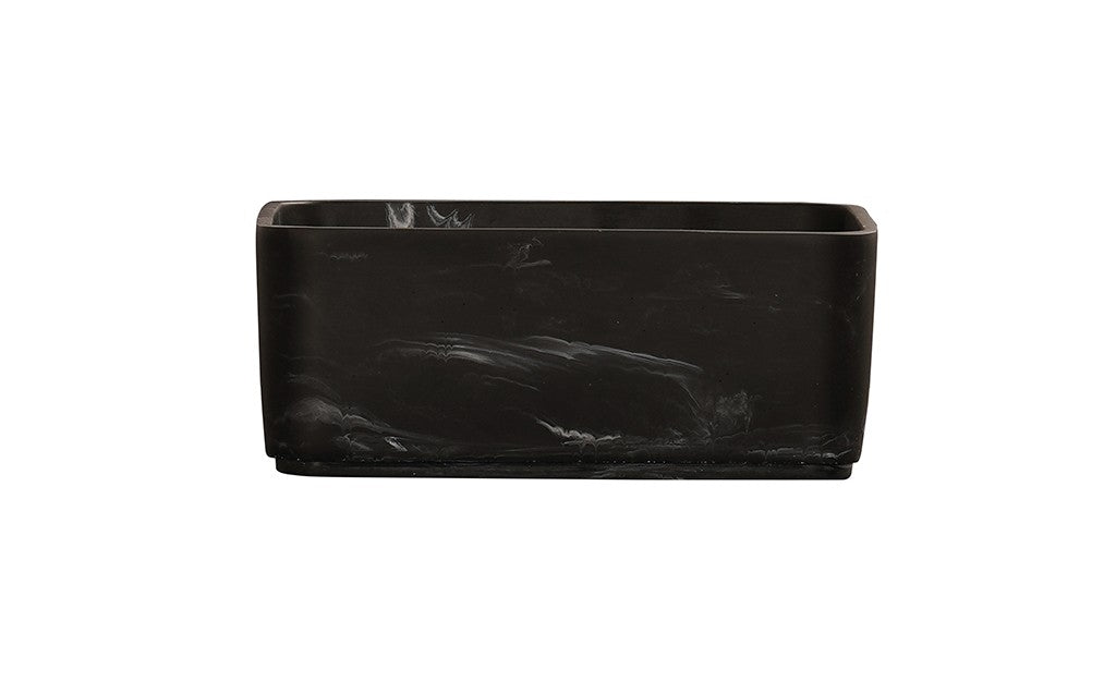 A rectangular, black marble planter with a glossy finish and subtle white veining, crafted from durable resin. The planter has straight sides, rounded corners, and sits on a slim matching base against a plain white background.