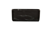 A rectangular, black marble planter with a glossy finish and subtle white veining, crafted from durable resin. The planter has straight sides, rounded corners, and sits on a slim matching base against a plain white background.