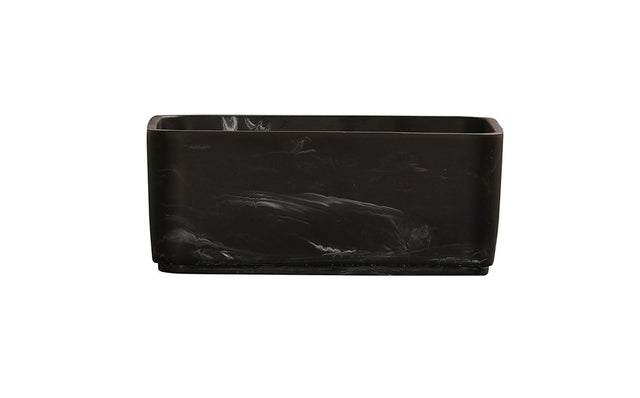 A rectangular, black marble planter with a glossy finish and subtle white veining, crafted from durable resin. The planter has straight sides, rounded corners, and sits on a slim matching base against a plain white background.