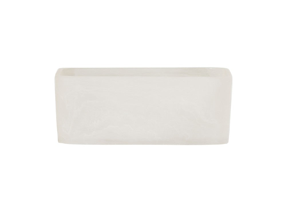 A rectangular, white, semi-translucent resin bowl with smooth edges and a glossy finish, placed against a plain white background. The tray appears to be empty and exudes modern elegance.