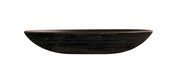 A shallow, oval-shaped resin bowl with a smooth, matte finish and subtle black marble swirling patterns. Set against a plain white background, it’s viewed from the side, highlighting its gently curved form and thin rim.