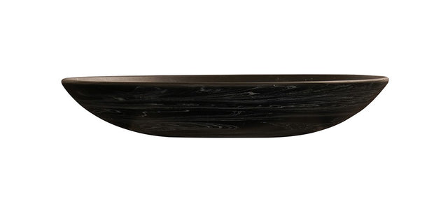 A shallow, oval-shaped resin bowl with a smooth, matte finish and subtle black marble swirling patterns. Set against a plain white background, it’s viewed from the side, highlighting its gently curved form and thin rim.
