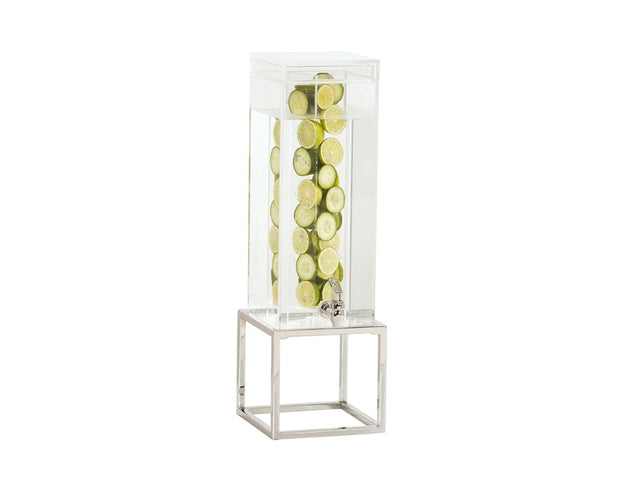 A tall, clear Infusion Beverage Dispenser with a polycarbonate chamber filled with water and lime slices stands on a geometric silver stand with a chrome plate finish. A small front spigot dispenses the drink. The background is plain white.