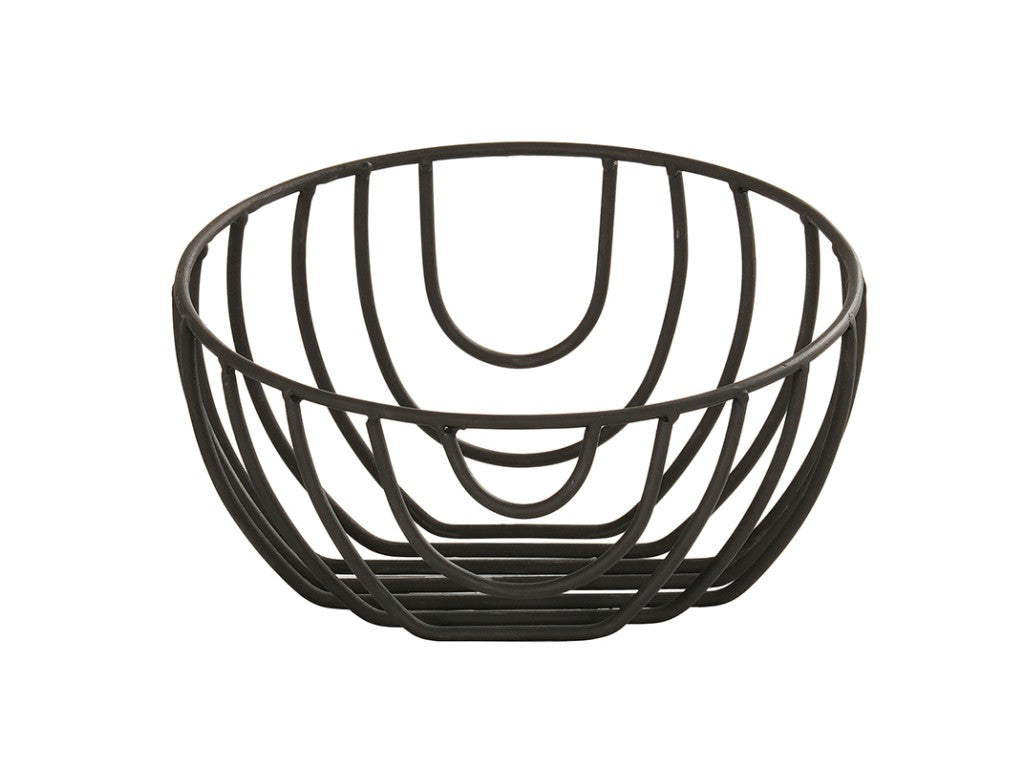 A round Cal-Mil Madison Wire Basket, featuring open, curved vertical and horizontal bars in a geometric, cage-like design. This black wire basket is empty and sits on a plain white background.