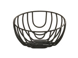 A round Cal-Mil Madison Wire Basket, featuring open, curved vertical and horizontal bars in a geometric, cage-like design. This black wire basket is empty and sits on a plain white background.