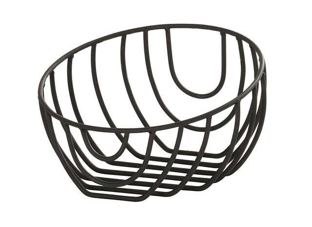 A black wire fruit bowl, like the Cal-Mil Madison Wire Basket, features an open, geometric design. This oval-shaped basket is made of curved metal rods for a modern, minimalist look against a plain white background.
