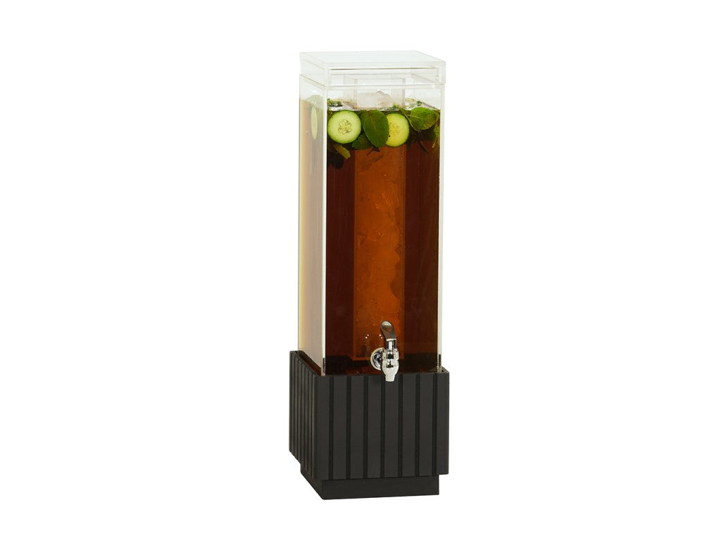 A tall, clear Brooklyn Ice Beverage Dispenser with a black base and metal spigot holds dark liquid, ice, and cucumber slices. This 3 gallon beverage dispenser stands on a white background.