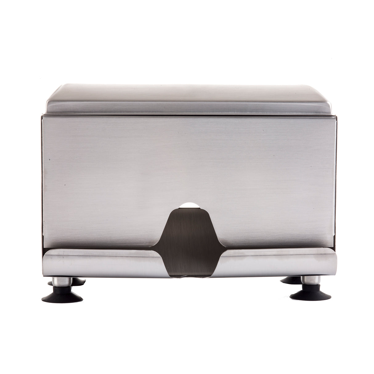 A stainless steel rectangular napkin dispenser with a slot in the front for pulling napkins. It has black rubber suction feet at each corner, a smooth brushed metal finish, and is dishwasher safe. Photographed against a white background.