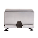 A stainless steel rectangular napkin dispenser with a slot in the front for pulling napkins. It has black rubber suction feet at each corner, a smooth brushed metal finish, and is dishwasher safe. Photographed against a white background.