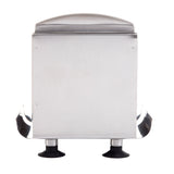 A front view of a stainless steel napkin dispenser with black feet and two curved handles on each side, set against a plain white background. This rectangular, dishwasher safe dispenser features a flat top and slightly rounded corners.
