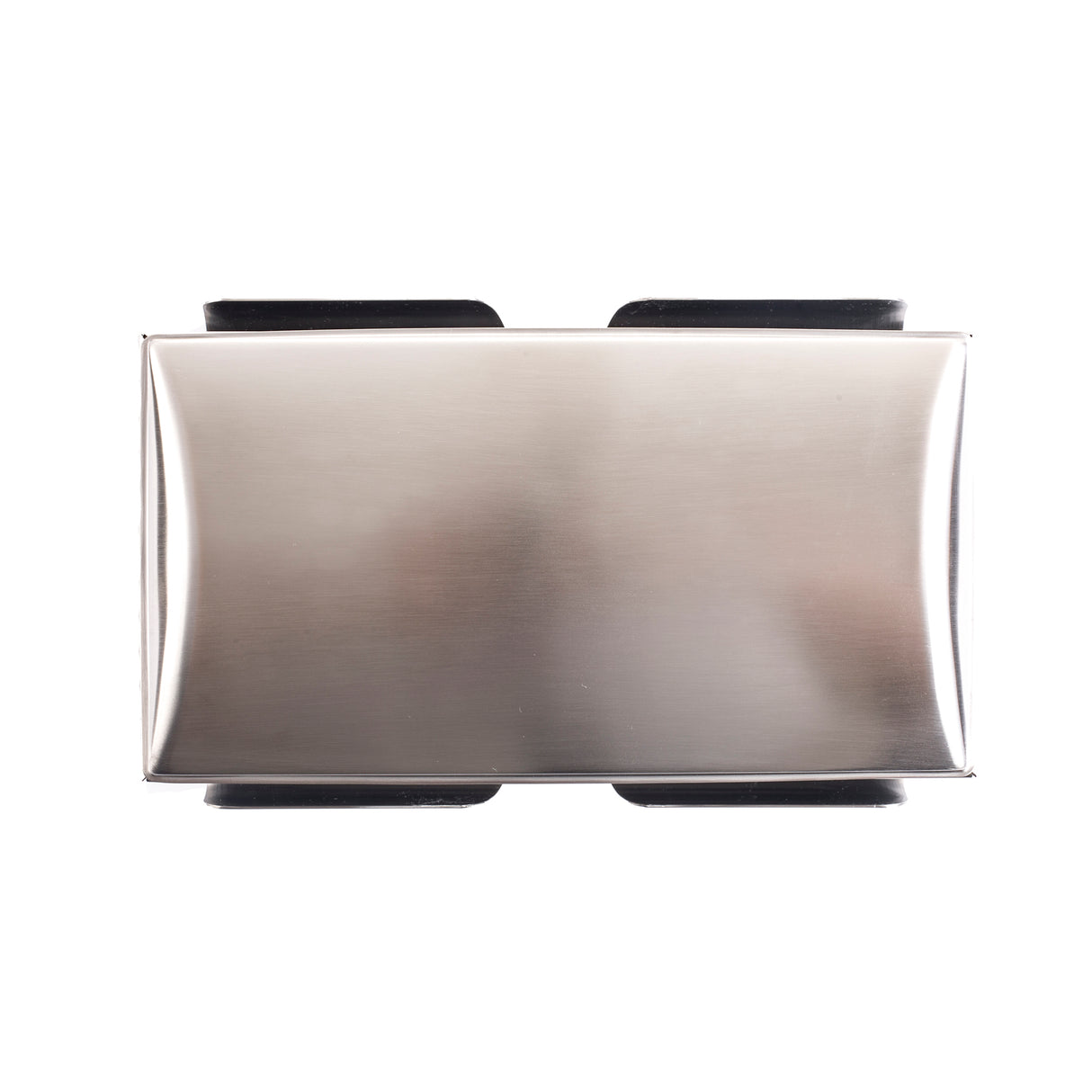 A rectangular, stainless steel card holder with a smooth, brushed finish is pictured against a white background. The holder has black edges visible at the top and bottom, and the photo is taken from a top-down perspective.