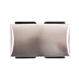 A rectangular, stainless steel card holder with a smooth, brushed finish is pictured against a white background. The holder has black edges visible at the top and bottom, and the photo is taken from a top-down perspective.