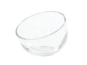 A clear, empty Cal-Mil bowl is positioned at an angle against a white background. This 7.5 inch bowl features smooth, curved edges and reflects light, highlighting its glossy surface and simple, modern design.