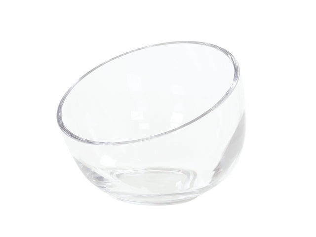 A clear, empty Cal-Mil bowl is positioned at an angle against a white background. This 7.5 inch bowl features smooth, curved edges and reflects light, highlighting its glossy surface and simple, modern design.