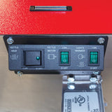 A close-up of a popcorn machine control panel features three labeled switches: “Kettle Heat,” “Kettle Motor,” and “Lights Warmer.” Each switch has on/off positions with indicator lights. The metal panel sits below the 8 oz kettle.