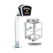 A popcorn topping dispenser with a tall, curved metal stand and an LED lighted sign reading Buttery Topping. The dispensing unit sits on an open metal frame, featuring hoses, controls, and a small drip tray on the floor.