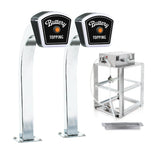 Two tall, shiny Popcorn Topping Dispensers labeled Buttery Topping stand next to a metal pump machine with tubing, a metal shelf stand, and a shallow metal tray, all beneath an LED lighted sign on a white background.