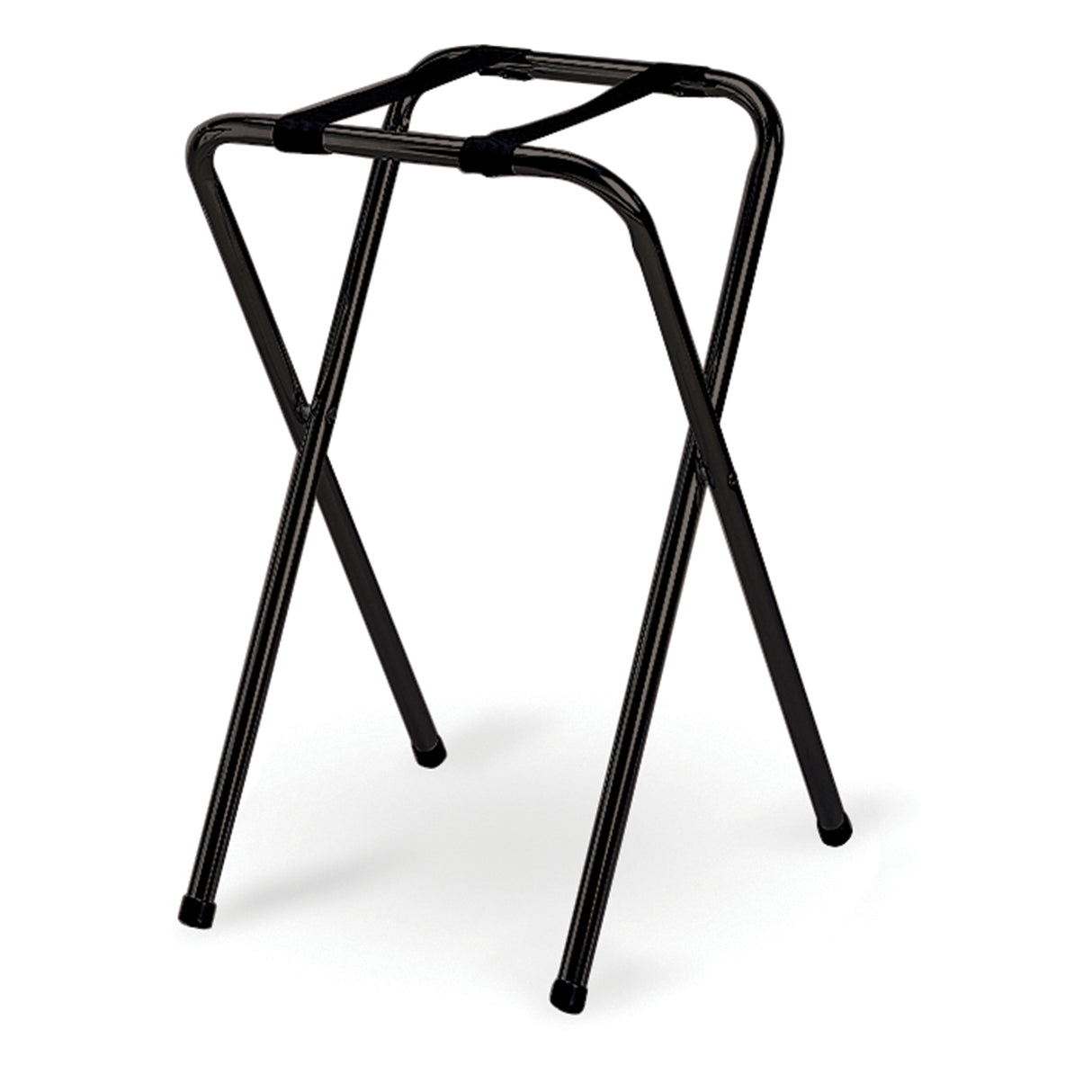 A black powder coated TableCraft tray stand with four tubular legs crossing in an X shape and a rectangular open top, designed to support trays or luggage. The sleek metal stand is set against a white background.