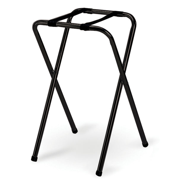 A black powder coated TableCraft tray stand with four tubular legs crossing in an X shape and a rectangular open top, designed to support trays or luggage. The sleek metal stand is set against a white background.