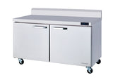 A sleek, reflective two-section stainless steel Work Top Freezer on four caster wheels features solid bar-handled doors, a flat countertop with raised backsplash, and a convenient digital control panel on the right side.