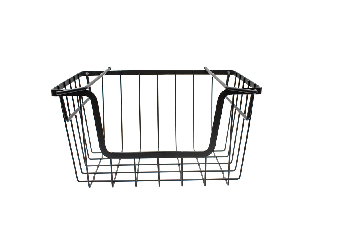 A black powder coated metal basket with a rectangular shape, open top, and horizontal bars for handles. This stackable hanging basket is empty and displayed against a plain white background.