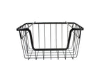 A black powder coated metal basket with a rectangular shape, open top, and horizontal bars for handles. This stackable hanging basket is empty and displayed against a plain white background.