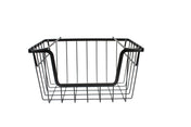 A black powder coated metal basket with a rectangular shape, open top, and horizontal bars for handles. This stackable hanging basket is empty and displayed against a plain white background.