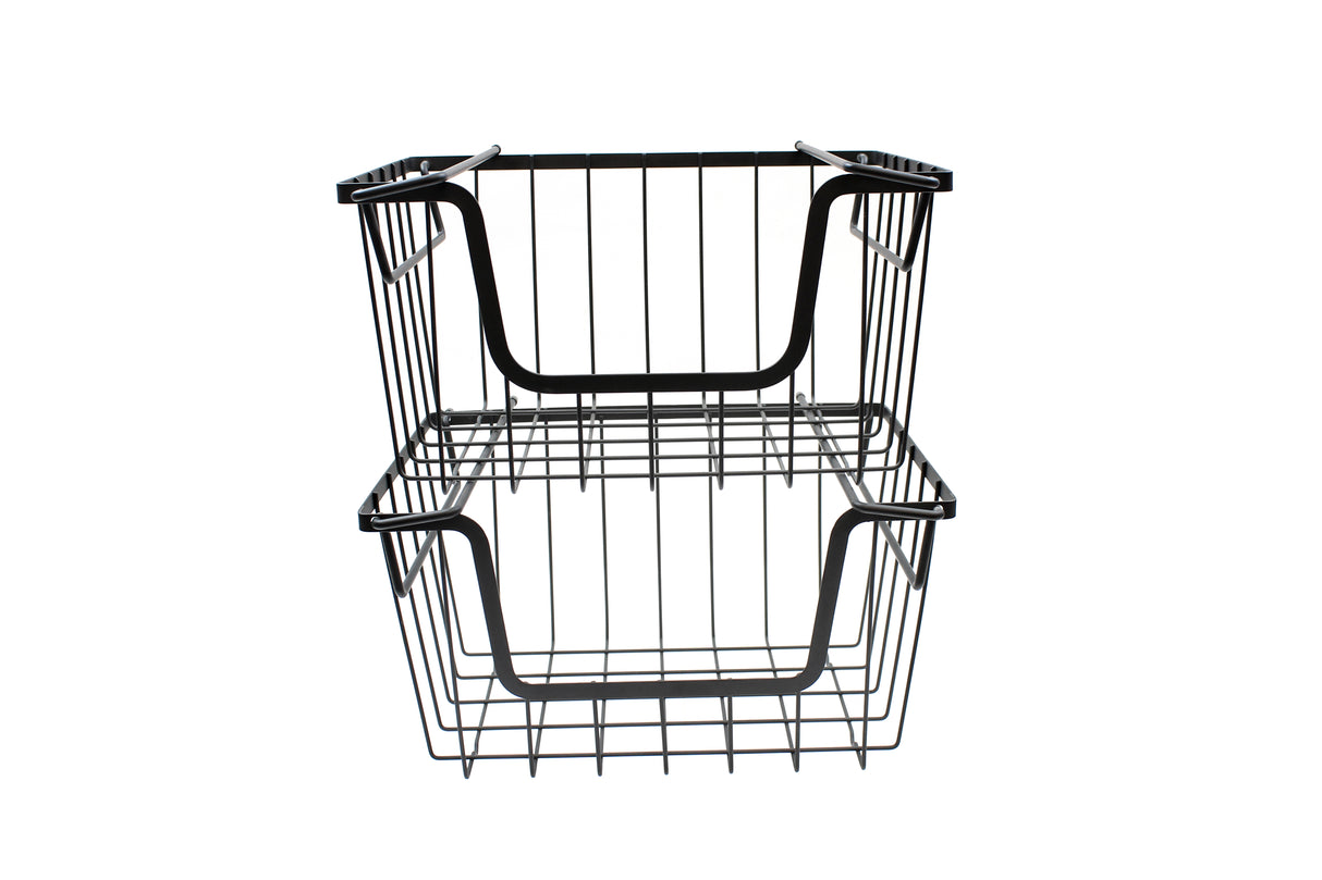 A black powder coated metal basket with two connected tiers, each featuring open slats and rectangular handles, is shown against a plain white background. This stackable hanging basket is empty and ideal for organizing or storing items.
