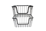 A black powder coated metal basket with two connected tiers, each featuring open slats and rectangular handles, is shown against a plain white background. This stackable hanging basket is empty and ideal for organizing or storing items.