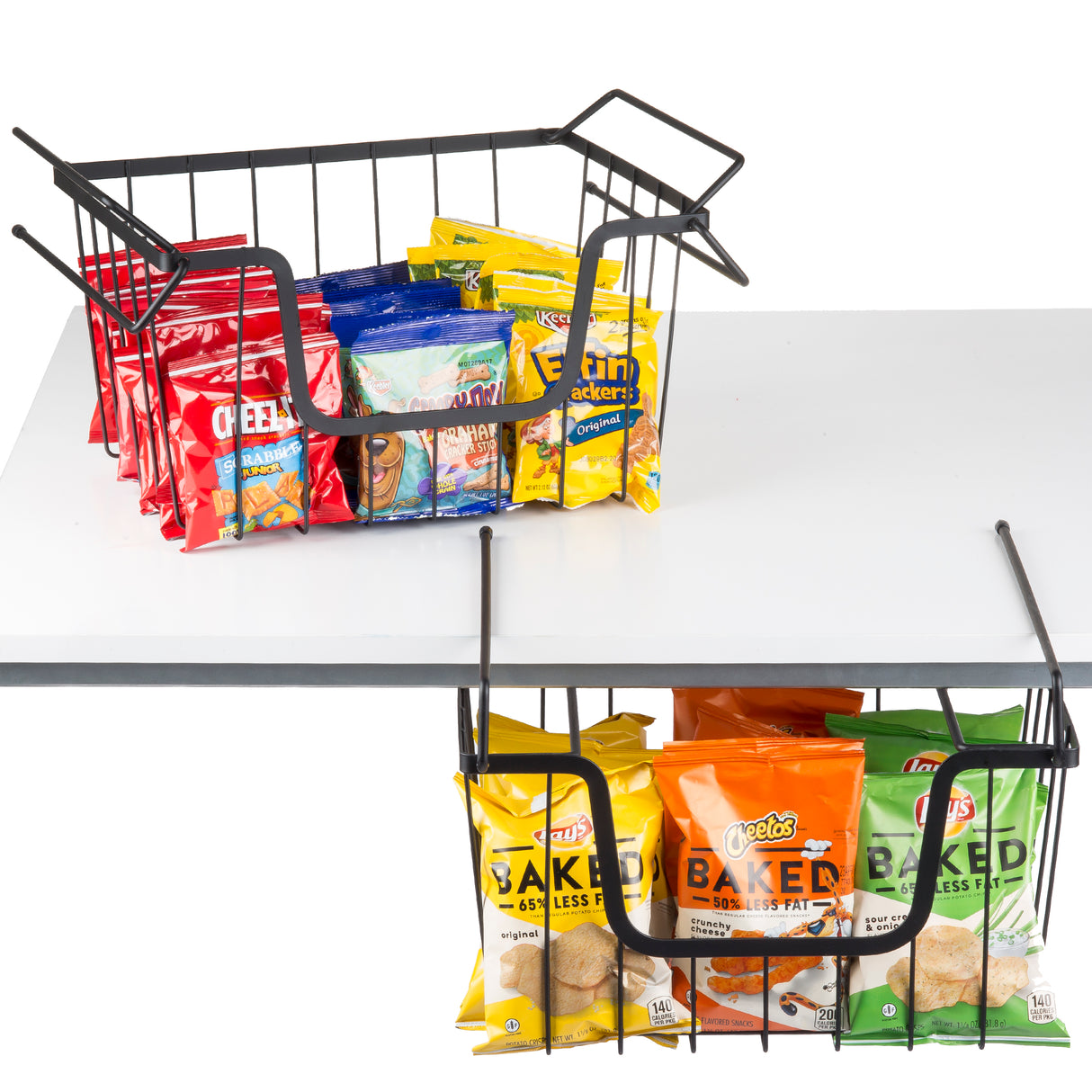 A black powder coated metal basket hangs from a white shelf’s edge, holding assorted snack bags like Cheez-It, Lay’s Baked, and Sun Chips, organized upright in two rows for easy access—a stackable hanging basket solution.