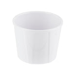 A small, plain, white melamine soufflé cup with smooth sides and a slightly flared rim. The cup is empty, photographed against a white background for a clean, simple look. Durable and dishwasher safe for everyday convenience.