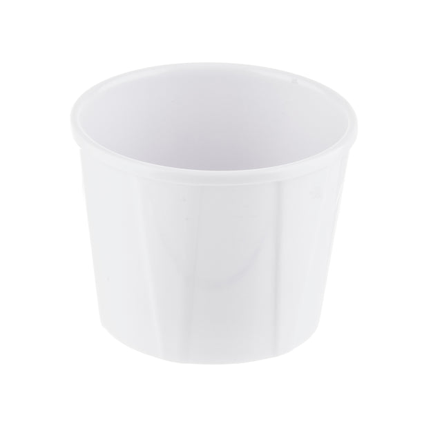 A small, plain, white melamine soufflé cup with smooth sides and a slightly flared rim. The cup is empty, photographed against a white background for a clean, simple look. Durable and dishwasher safe for everyday convenience.