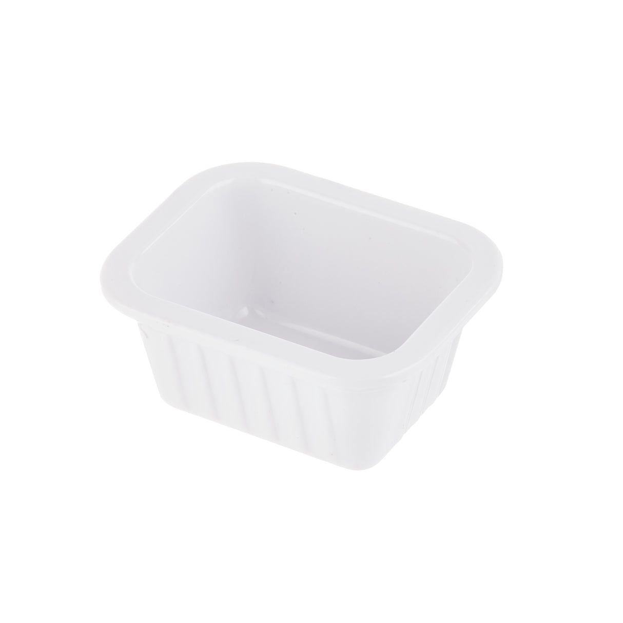 A small, rectangular white melamine sauce cup with rounded corners and slightly flared, ribbed sides, shown empty against a plain white background—part of the Better Burger Collection.