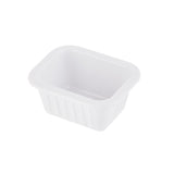 A small, rectangular white melamine sauce cup with rounded corners and slightly flared, ribbed sides, shown empty against a plain white background—part of the Better Burger Collection.