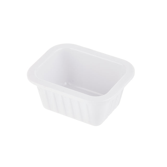 A small, rectangular white melamine sauce cup with rounded corners and slightly flared, ribbed sides, shown empty against a plain white background—part of the Better Burger Collection.