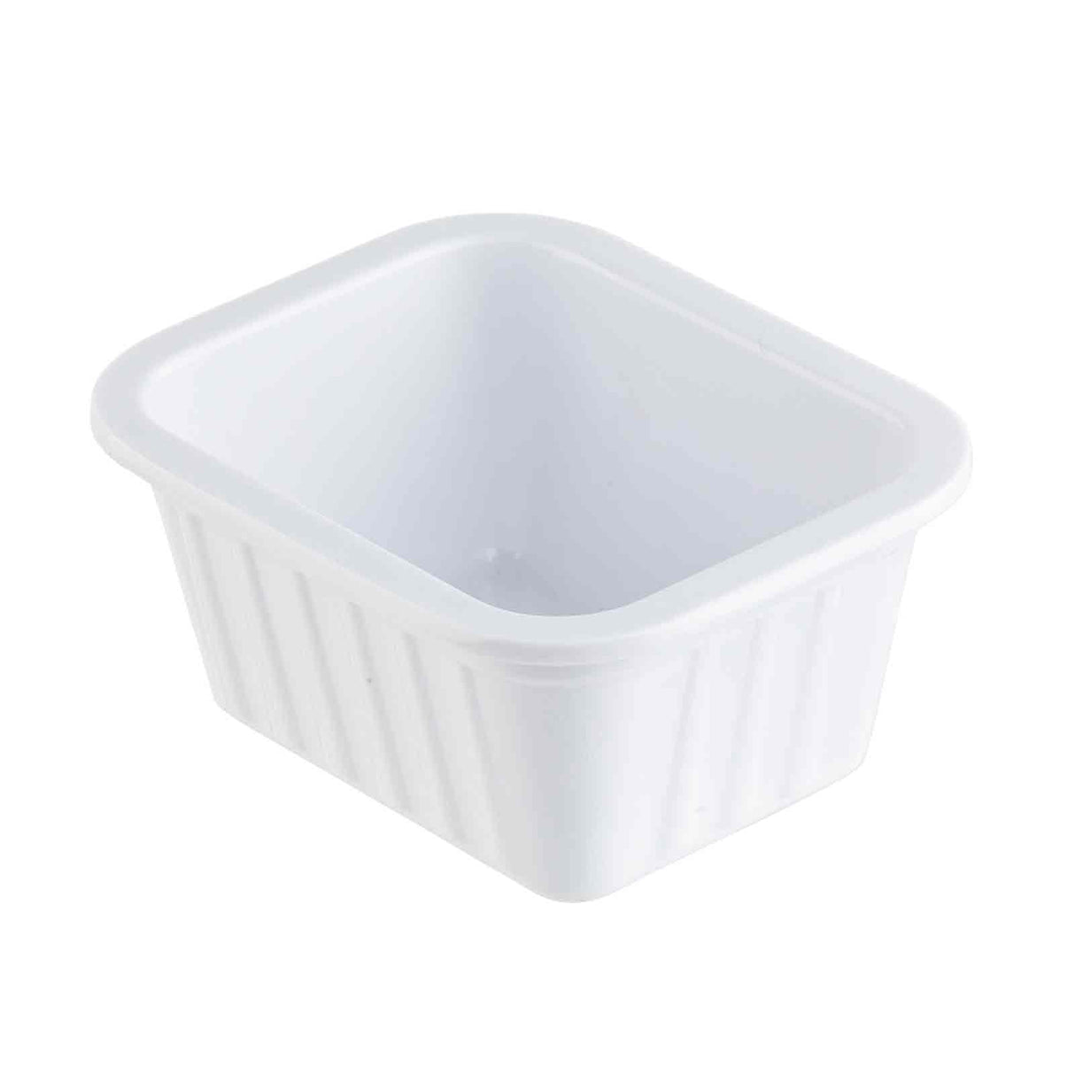 A rectangular, white melamine container with slightly flared sides and ribbed texture on the exterior. Part of the Better Burger Collection, this versatile sauce cup is perfect for holding food or small items. Shown on a plain white background.