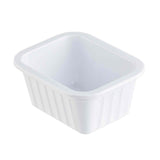 A rectangular, white melamine container with slightly flared sides and ribbed texture on the exterior. Part of the Better Burger Collection, this versatile sauce cup is perfect for holding food or small items. Shown on a plain white background.