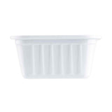 A plain, small, white melamine sauce cup is viewed from the side. The container has vertical ridges along the sides and a slightly flared rim at the top. The background is completely white, making the container clearly visible.
