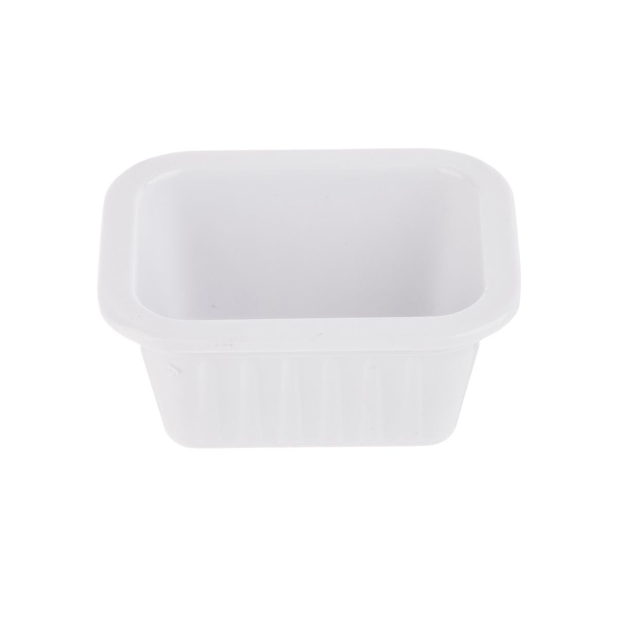 A small, empty, rectangular white melamine sauce cup with rounded edges and a wide rim, photographed against a plain white background.