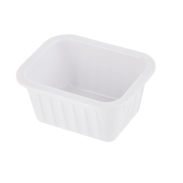 A small, rectangular, white melamine sauce cup with slightly flared sides and rounded corners. Part of the Better Burger Collection, it features a smooth rim and ribbed vertical lines along the sides. Empty and set against a plain white background.